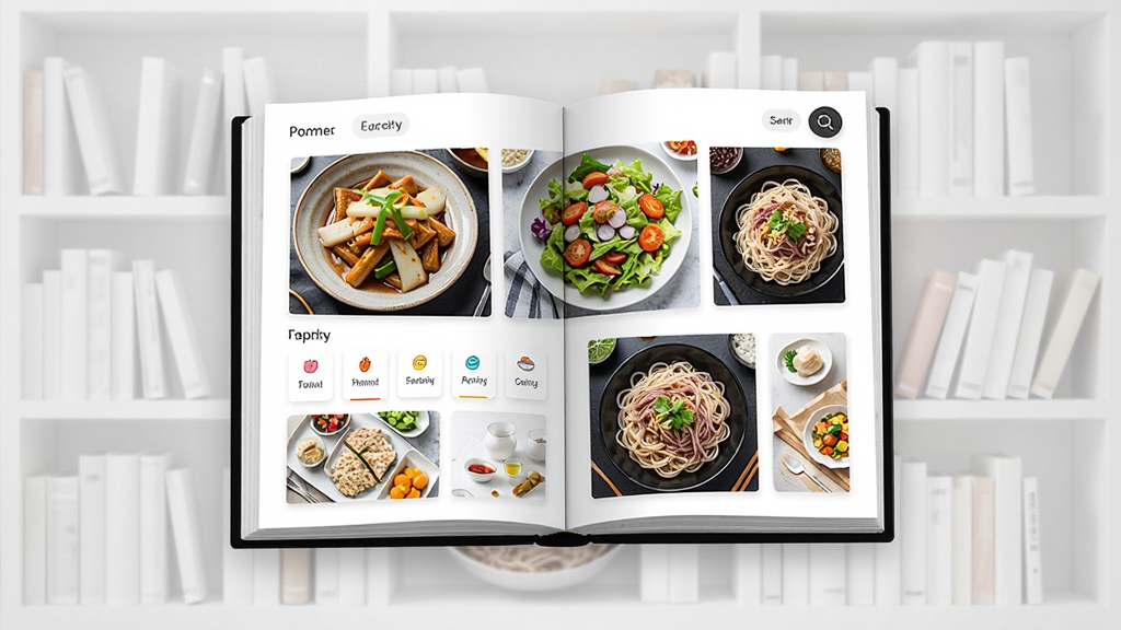减脂瘦身食谱大全的海量食谱库界面,画面中是一本悬浮的电子食谱书,书页上展示着不同国家的减脂美食图片,如中式凉拌菜、西式沙拉、日式荞麦面,布局采用书架式排列,风格为现代简约,细节处有搜索放大镜图标和分类标签,画质清晰,干净,无多余元素
