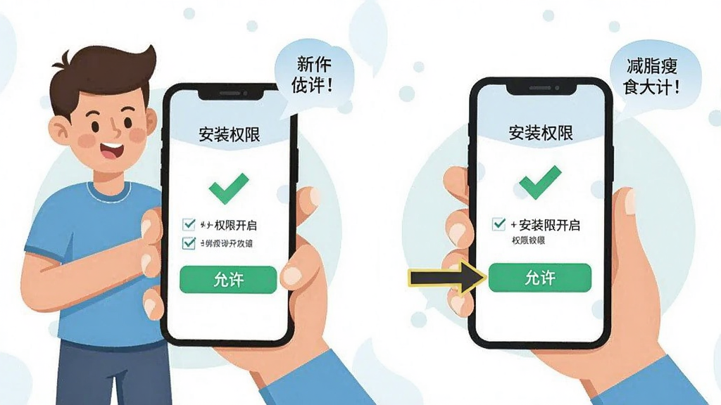 减脂瘦身食谱大全的新手操作指引图,画面中是一个卡通人物拿着手机,手机屏幕上显示着安装权限开启的勾选界面,旁边有箭头指向“允许”按钮,布局为左右对比,风格为扁平插画,细节处有提示气泡,画质清晰,干净,无多余元素