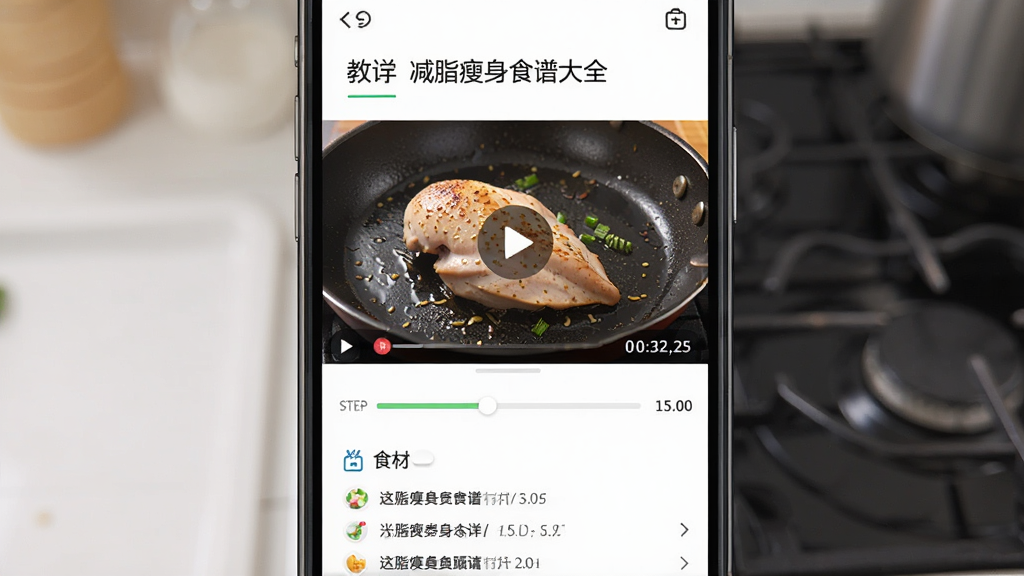 减脂瘦身食谱大全的视频教学页面,画面中是一个手机屏幕显示着烹饪视频,视频里正在煎制鸡胸肉,屏幕下方有步骤进度条和食材清单,布局为上下结构,风格为写实生活风,细节处有播放按钮和时间戳,画质高清,干净,无多余元素