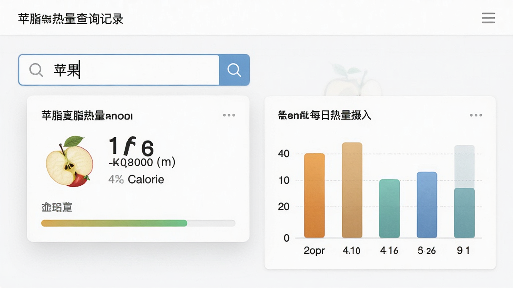 减脂瘦身食谱大全的热量查询记录页面,画面中是一个搜索框输入了“苹果”,下方弹出苹果的热量卡片,旁边有每日热量摄入的柱状图,布局为上下结构,风格为极简工具风,细节处有卡路里数字和进度条,画质高清,干净,无多余元素