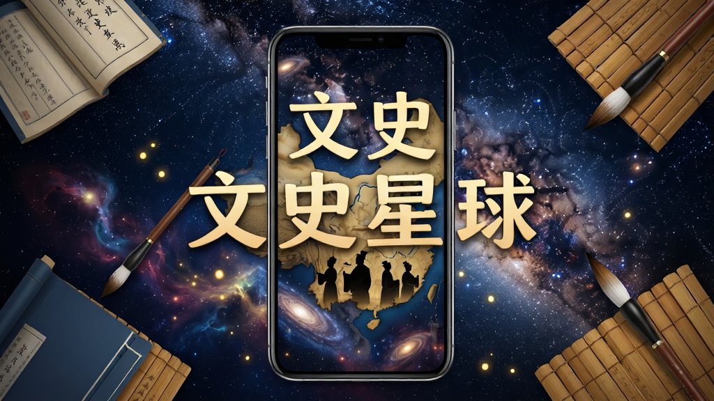 画面中央放置一部智能手机,手机屏幕显示“文史星球”四个大字,屏幕内为古代中国地图与历史人物剪影的组合画面,背景为深邃的星空与银河,周围环绕着古书、竹简、毛笔等元素,整体布局采用居中对称构图,风格为中国风科技感插画,细节包括星云纹理与金色光点,画质高清,干净,无多余元素