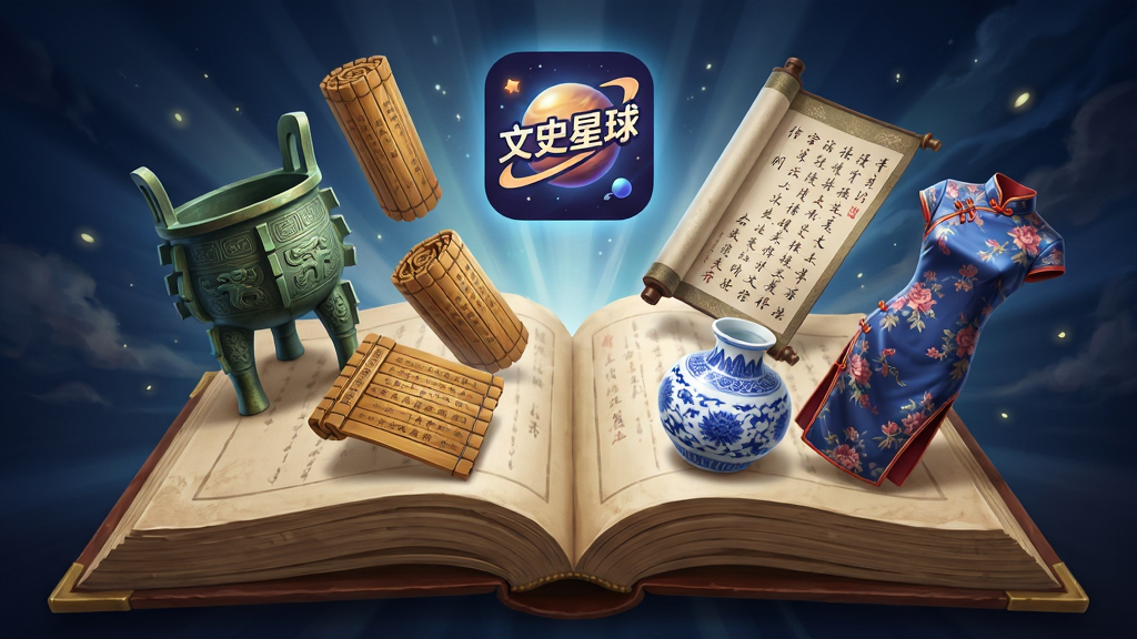 画面主体为一本展开的巨大古书,书页中飞出各个朝代的代表性元素,包括青铜鼎、竹简、唐诗卷轴、青花瓷、旗袍等,书的上方悬浮着“文史星球”应用图标,布局采用放射状构图,风格为写实与奇幻结合的数字插画,细节丰富,画质高清,干净,无多余元素