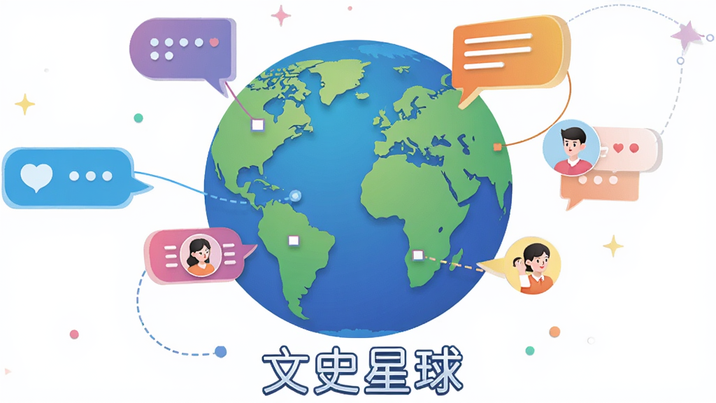 画面展示一个圆形的地球仪,地球仪表面浮现出多个对话气泡和用户头像图标,地球仪下方有“文史星球”文字标识,布局为居中构图,风格为现代社交插画,细节包括彩色气泡与连接线,画质高清,干净,无多余元素
