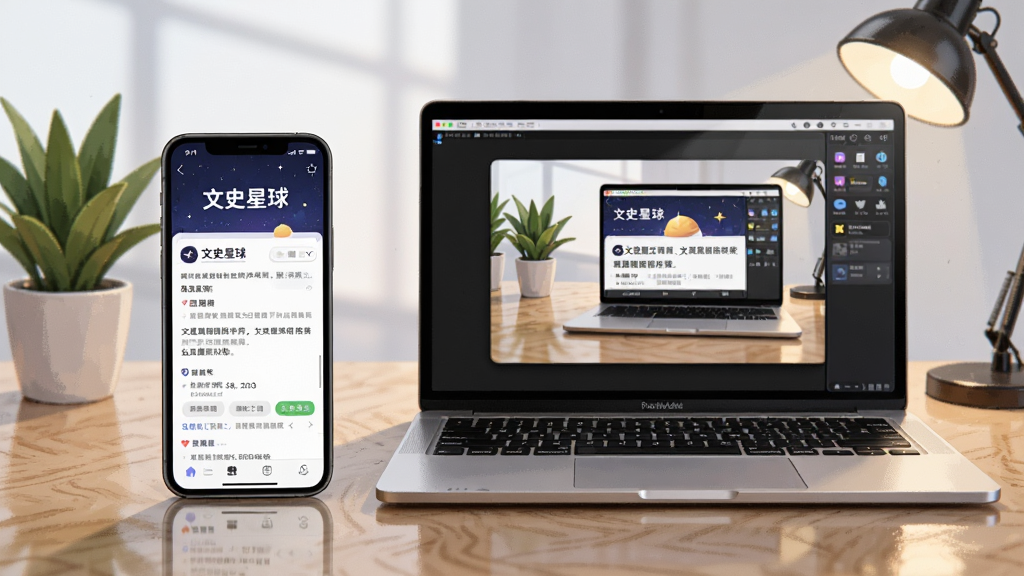 画面展示一部手机和一台笔记本电脑并排放在桌面上,手机屏幕显示“文史星球”阅读界面,电脑屏幕显示模拟器中的同一应用界面,桌面有绿植和台灯,布局为左右对比构图,风格为现代办公场景插画,细节包括设备反光与桌面纹理,画质高清,干净,无多余元素