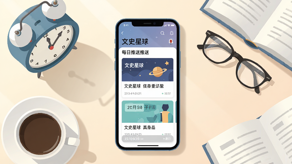 画面中央为一部手机,手机屏幕显示“文史星球”的每日推送界面,界面内有文章卡片和日期标签,手机周围环绕着闹钟、咖啡杯、眼镜和散落的书页,布局为俯视桌面视角,风格为清新扁平化插画,细节包括柔和的晨光与阴影,画质高清,干净,无多余元素