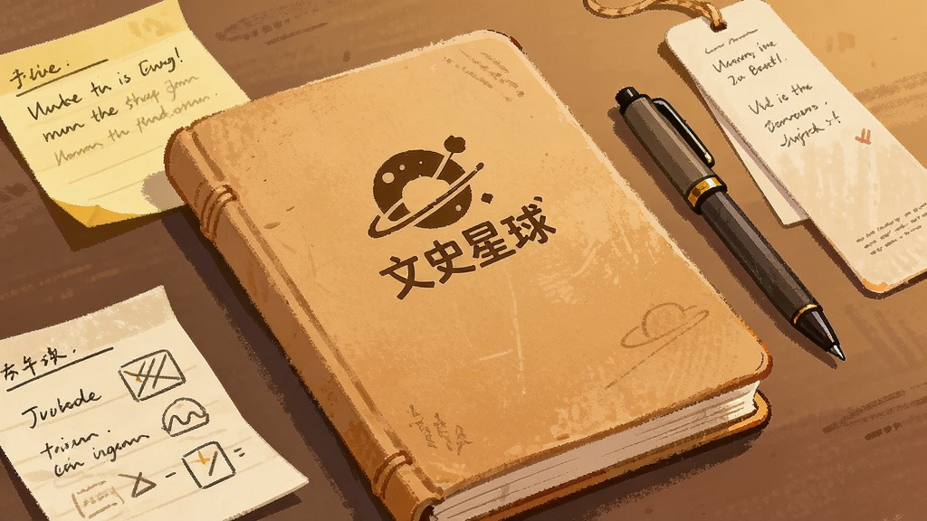 画面主体为一本合上的笔记本和一支笔,笔记本封面上印有“文史星球”标志,笔记本旁边散落着几张写满笔记的便签纸和书签,布局为静物特写构图,风格为温暖手绘风,细节包括纸张纹理与柔和光影,画质高清,干净,无多余元素