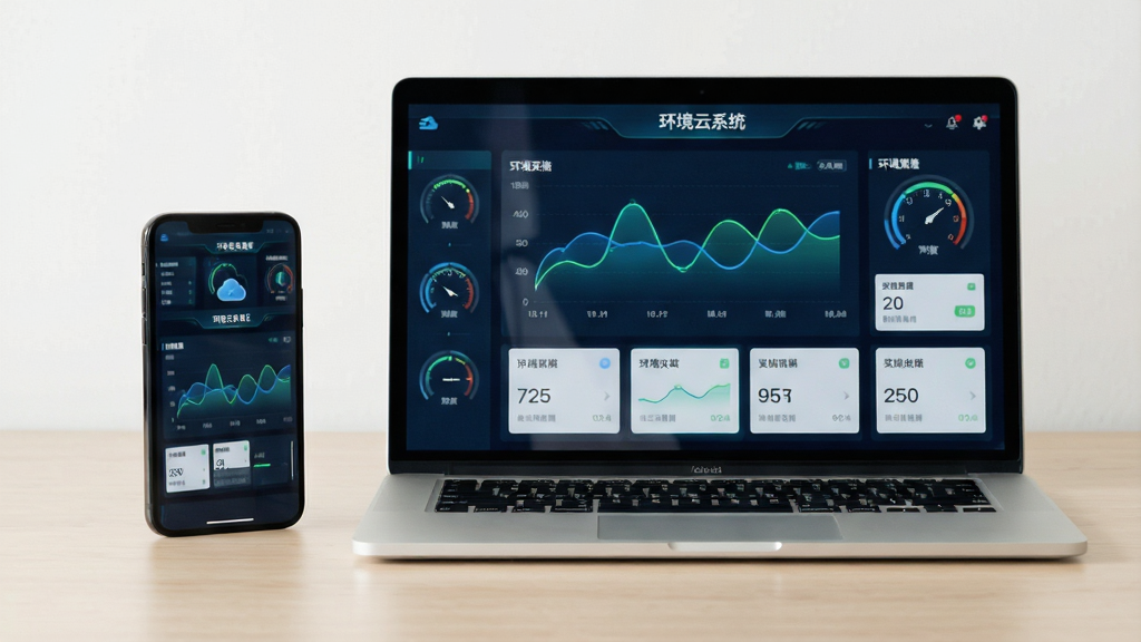 主体为一部智能手机和一台笔记本电脑并排放置在干净的浅色桌面上,屏幕中显示环境云系统的数据监控仪表盘界面,布局采用居中对称排版,风格为现代科技简约风,细节包含蓝绿色数据曲线、圆形仪表盘、实时数值卡片,画质清晰干净无多余元素,图片中文字使用引号标注
