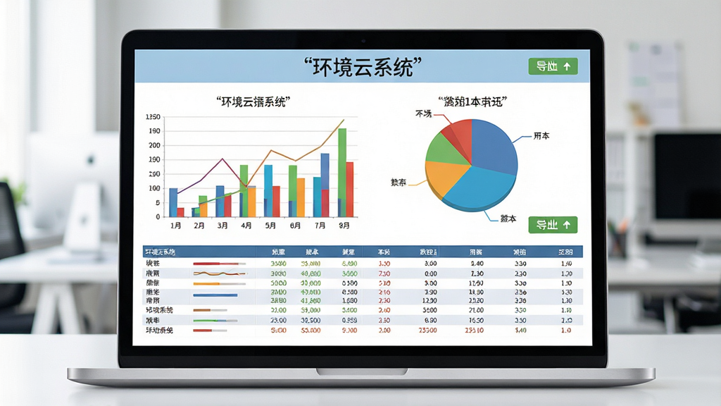 主体为一台笔记本电脑屏幕显示彩色数据报表和折线图,布局采用屏幕正面视角,风格为商务办公风,细节包含柱状图、饼图、数据表格、导出按钮,画质清晰干净无多余元素,图片中文字使用引号标注