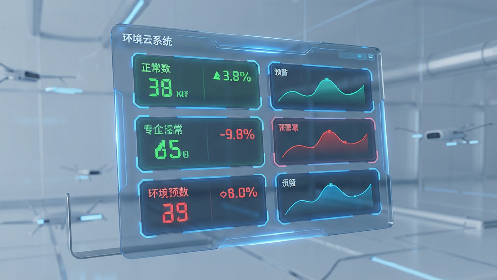 主体为一块悬浮在空中的半透明数据面板,面板上展示多个环境指标卡片,布局采用纵向分层排列,风格为未来科技感,细节包含蓝色发光边框、绿色正常数值、红色预警数值、动态曲线图,画质高清干净无多余元素,图片中文字使用引号标注