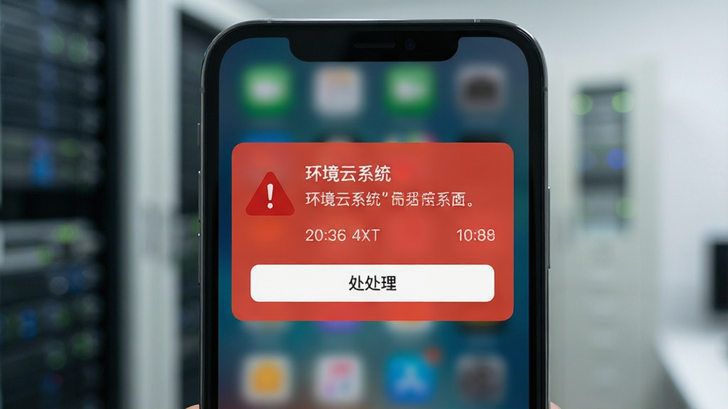 主体为一部手机屏幕弹出红色报警通知卡片,布局采用手机正面居中展示,风格为简洁警示风,细节包含红色感叹号图标、报警文字说明、时间戳、处理按钮,画质清晰干净无多余元素,图片中文字使用引号标注