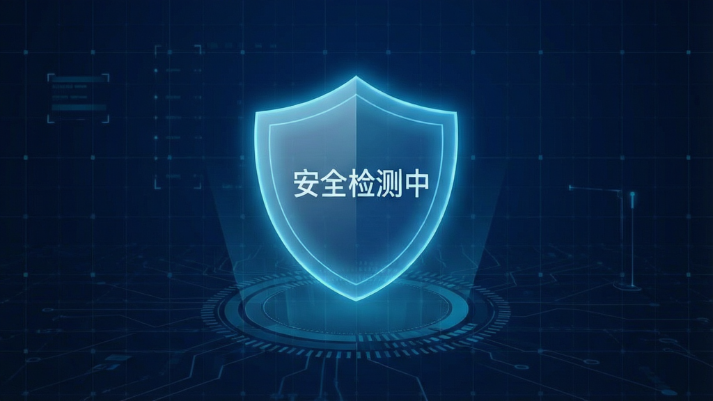 支扫描二维码软件的安全防护界面截图,画面中显示一个盾牌图标和“安全检测中”字样,背景为深蓝色科技感网格,盾牌发出微光,风格简洁安全,细节清晰,画质干净,无多余元素