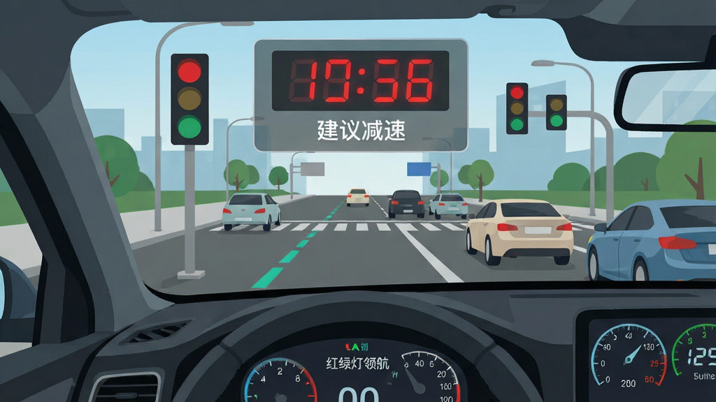 红绿灯领航实时信号灯预判功能界面,画面以驾驶者第一视角呈现,前方路口红绿灯上方悬浮半透明倒计时面板,显示红色数字和“建议减速”提示,背景为城市道路与车流,风格为扁平化车载HUD设计,细节包括车道辅助线、信号灯读秒、车速表,画面干净高清,文字为“红绿灯领航”