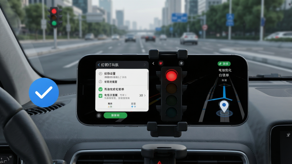 红绿灯领航使用技巧示意图,画面为车内视角,手机固定在支架上显示红绿灯领航界面,旁边有蓝色对勾图标表示权限已开启,背景为城市道路,风格为写实科技风,细节包括权限设置面板、电池优化白名单、定位图标,画面干净高清,文字为“红绿灯领航”