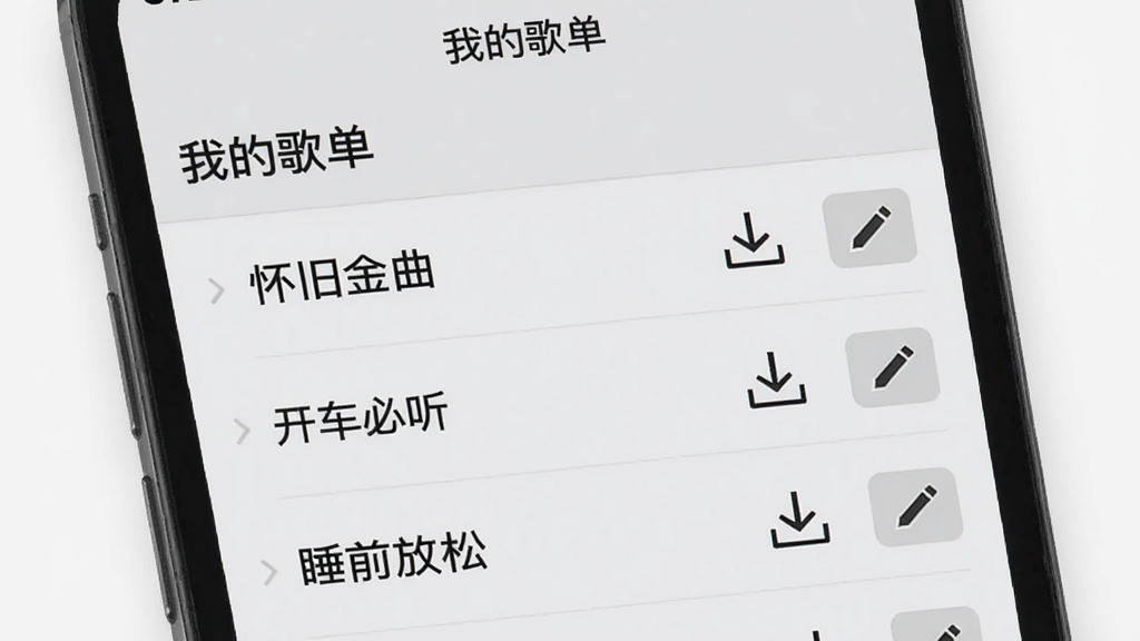 经典歌曲免费播放歌单管理界面,手机屏幕显示“我的歌单”列表,包含“怀旧金曲”“开车必听”“睡前放松”等歌单名称,每个歌单右侧有下载图标和编辑按钮,背景为浅灰色极简风格,文字清晰,排版规整,无杂乱元素