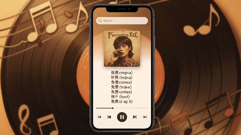 软件主界面展示,手机屏幕中央显示经典歌曲免费播放的播放器界面,背景是暖色调的黑胶唱片与音符元素,顶部有搜索栏,中部是专辑封面与歌词滚动区域,底部是播放控制按钮,界面干净整洁无广告弹窗,画质清晰,风格温馨怀旧,无多余元素