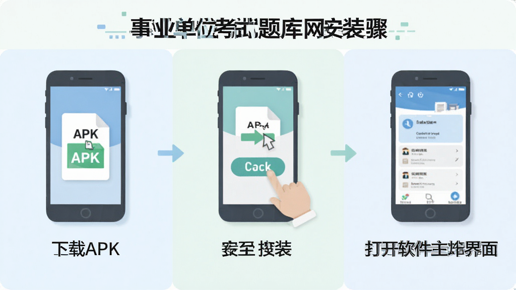 一张展示事业单位考试题库网安装步骤的示意图,画面分为三个步骤,第一步是下载APK文件,第二步是点击安装按钮,第三步是打开软件主界面,每个步骤配以简洁的图标和文字说明,整体风格扁平化,色调柔和,画质清晰,干净无多余元素