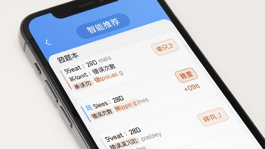 一张展示事业单位考试题库网错题管理功能的界面图,画面中手机屏幕显示错题本列表,每道错题旁边标注了所属科目和错误次数,屏幕上方有智能推荐按钮,整体布局清晰,风格简约现代,画质清晰,干净无多余元素