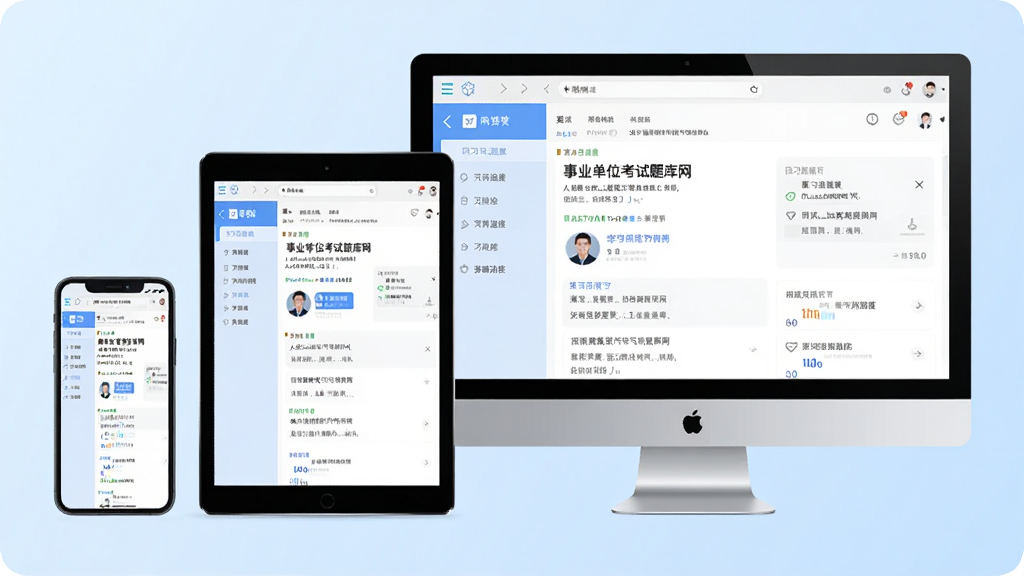 一张展示事业单位考试题库网多端同步功能的示意图,画面中手机、平板、电脑三个设备并排展示,屏幕上都显示相同的题库界面和学习进度数据,背景为淡蓝色渐变,风格科技感十足,画质清晰,干净无多余元素