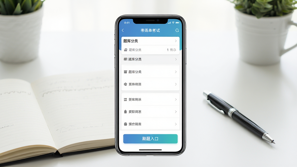 一张展示事业单位考试题库网软件主界面的预览图,画面中央是手机屏幕,屏幕内显示题库分类列表和刷题入口按钮,背景为整洁的书桌场景,桌上放着笔记本和笔,整体风格明亮清新,画质清晰,干净无多余元素