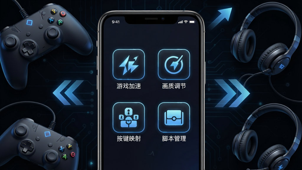 一张展示手游工具箱软件主界面的图片,画面中央是手机屏幕,屏幕内显示手游工具箱应用界面,界面上有游戏加速、画质调节、按键映射、脚本管理四个主要功能图标,背景是深色科技风格,周围环绕着游戏手柄、耳机、加速箭头等元素,整体布局简洁清晰,风格偏科技感与游戏感,细节上图标有轻微发光效果,画质清晰干净,无多余元素。