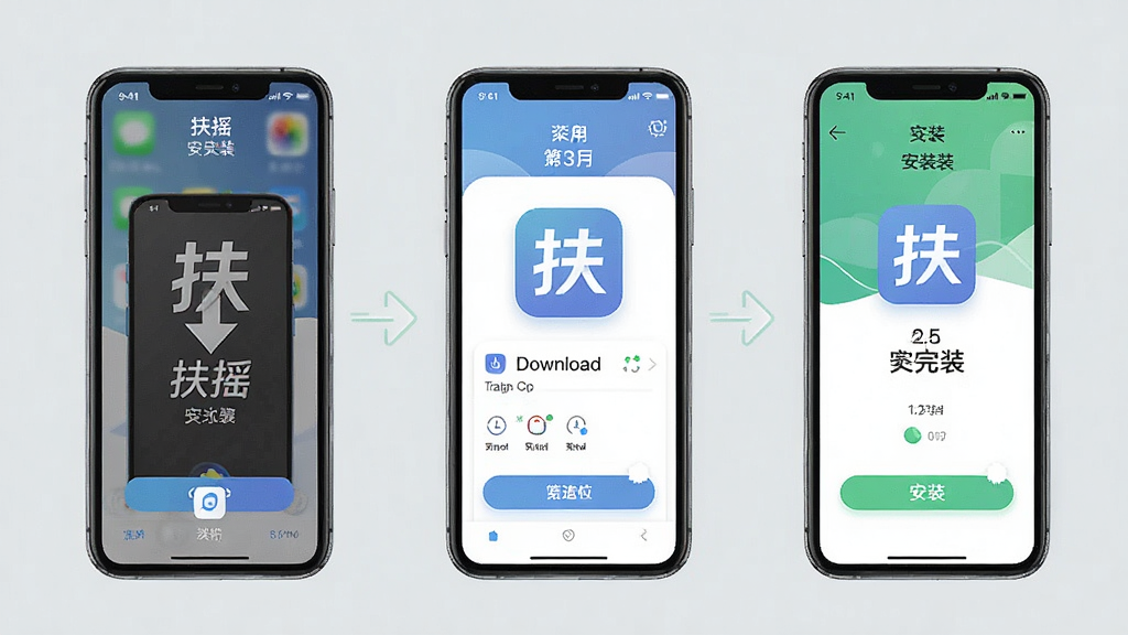 一张手机应用安装步骤示意图,画面展示手机屏幕从下载到安装完成的流程,界面中带有