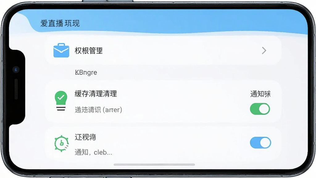 爱直播手机端设置界面截图,展示权限管理、缓存清理、通知开关等选项,界面简洁明了,图标清晰,配色以白色和浅蓝色为主,手机竖屏显示,高清画质,干净无多余元素