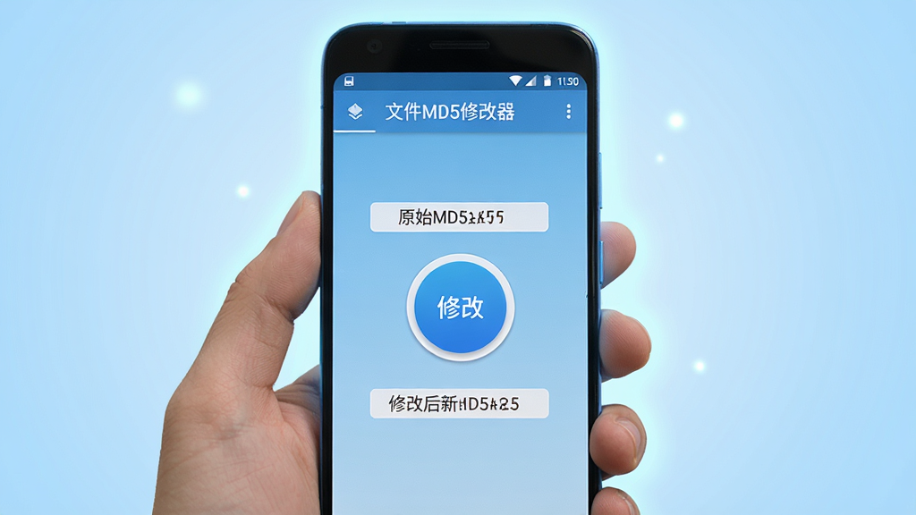 一只手持安卓手机,手机屏幕显示“文件MD5修改器”的一键修改界面,屏幕中央有一个醒目的圆形修改按钮,按钮上方显示原始MD5值,下方显示修改后的新MD5值,背景为简洁的浅蓝色渐变,手机周围有轻微的光晕效果,整体风格科技感十足,画质清晰,干净无多余元素