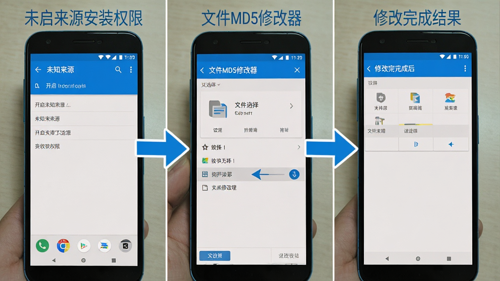 一张展示安卓手机操作步骤的拼图式图片,画面分为三个部分,左侧是手机设置中开启未知来源安装权限的界面,中间是“文件MD5修改器”的文件选择界面,右侧是修改完成后的结果展示界面,每个部分都有清晰的标注箭头引导,整体风格简洁实用,配色以蓝白灰为主,画质干净,无多余元素