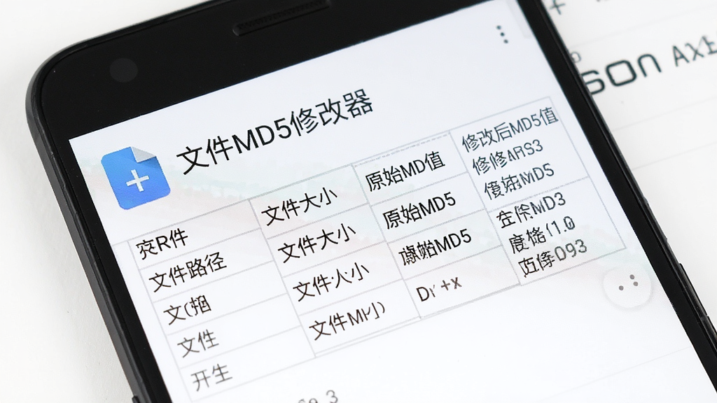一部安卓手机的特写镜头,屏幕显示“文件MD5修改器”的文件详情页面,页面上方是文件图标和文件名,中间区域用表格形式展示文件大小、文件路径、原始MD5值、修改后MD5值等信息,表格线条清晰,文字大小适中,背景为纯净的白色,手机边框为深色,整体画面简洁专业,画质干净,无多余元素