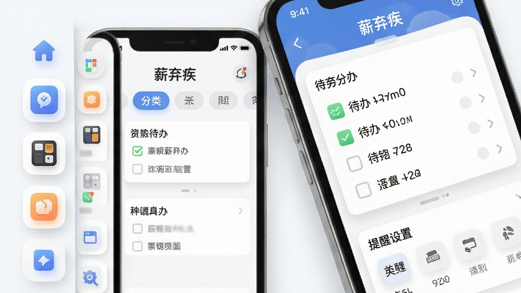 主体为“薪弃疾”应用的功能展示界面,画面中央呈现手机屏幕,屏幕上显示着分类标签、待办列表和提醒设置面板。布局采用左右分栏,左侧为功能图标堆叠,右侧为手机界面特写。排版强调信息层级,风格为清爽科技风,细节上突出界面的卡片阴影和图标微质感。画质清晰,画面干净,无多余元素。