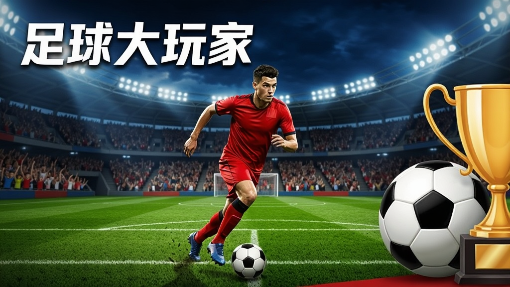 一张横版游戏宣传图,画面中央是绿茵足球场,前景有一位身穿红色球衣的球员正在带球奔跑,背景是座无虚席的体育场看台与明亮的灯光,画面左上角用白色粗体字写着