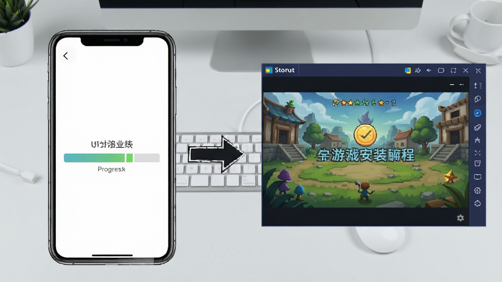 一张手机游戏安装教程示意图,画面左侧是一部智能手机屏幕显示安装进度条,右侧是电脑模拟器界面显示游戏启动画面,中间有箭头连接,背景是浅灰色办公桌面,风格简洁教程风,画质清晰,干净无多余元素