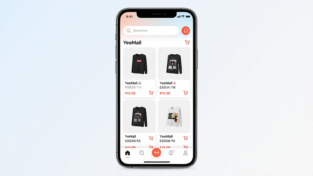 YeeMall购物平台应用界面展示,主体为一部智能手机,屏幕中显示YeeMall应用首页,包含商品推荐卡片、底部导航栏与搜索框;布局为居中构图,手机竖屏放置;排版干净整齐,背景为浅色渐变;风格为现代科技感UI展示风格;细节包括商品缩略图、价格标签、购物车图标等元素;画质高清,干净,无多余元素