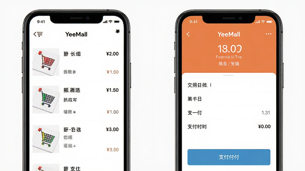 YeeMall购物下单支付流程界面,主体为手机屏幕展示购物车与支付页面,布局为左右分屏展示两个操作步骤,排版清晰有序,风格为扁平化UI设计风格,细节包含商品列表、价格汇总、支付按钮等元素,画质高清,干净,无多余元素