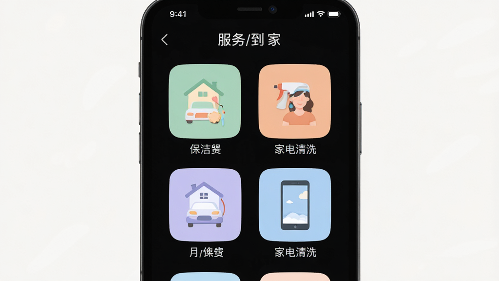 轻松到家 应用界面 服务分类 图标 保洁 月嫂 家电清洗 手机屏幕 扁平化设计 清晰明亮 柔和色调 高清画质 干净排版