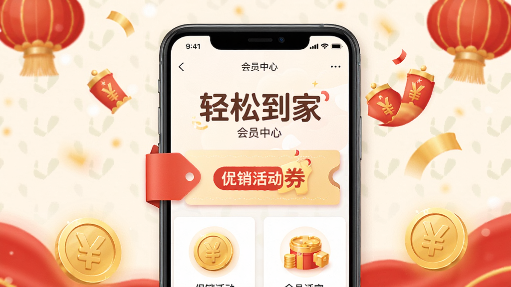 轻松到家 优惠券 会员中心 手机应用 促销活动 折扣标签 金币 积分 红色与金色点缀 欢快氛围 高清画质 干净构图