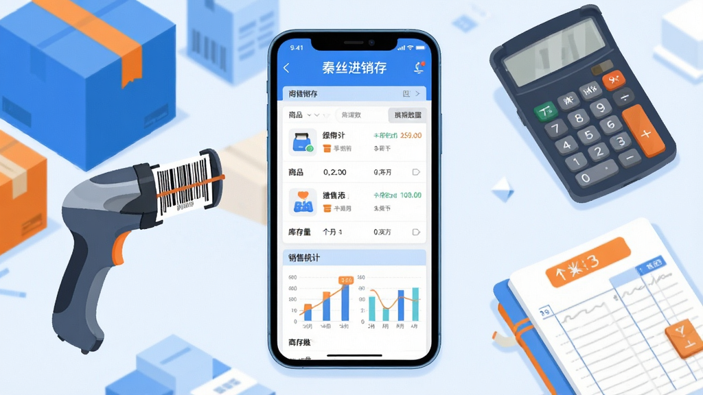 软件核心全貌展示图,画面中央放置一部智能手机,手机屏幕显示秦丝进销存应用主界面,界面中包含商品列表、库存数量、销售统计图表等元素。手机周围环绕着商品包装盒、条形码扫描枪、计算器、账本等经营相关物品,布局紧凑有序。整体采用明亮简洁的扁平化插画风格,色调以蓝色和白色为主,辅以橙色点缀。细节上突出手机屏幕中“秦丝进销存”字样,画面干净无杂乱背景,高清画质,适合软件下载站配图。