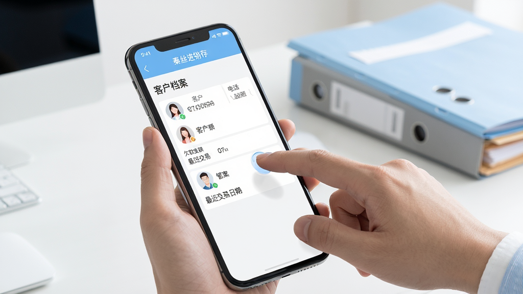 秦丝进销存客户管理功能展示图,手机屏幕显示客户档案页面,包含客户姓名、电话、欠款金额、最近交易日期等字段。画面中有一只手正在点击屏幕上的客户头像,背景是办公桌和文件夹。整体风格为现代简约商务风,色调柔和,以白色和浅蓝色为主。屏幕中可见“秦丝进销存”应用名称,画面干净,高清画质。