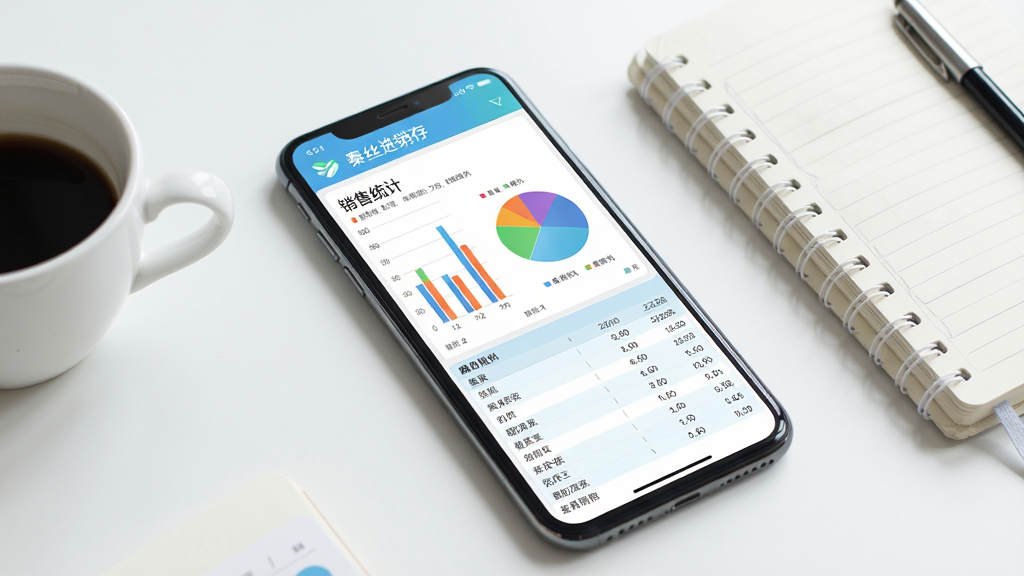 秦丝进销存经营报表展示图,手机屏幕显示销售统计图表,包含柱状图、饼图和数据列表,图表色彩鲜明,数据清晰。手机放置在桌面上,旁边有咖啡杯和笔记本。整体风格为清新商务风,色调以白色和浅蓝色为主,图表颜色丰富但不刺眼。屏幕中可见“秦丝进销存”字样,画面干净,高清画质。