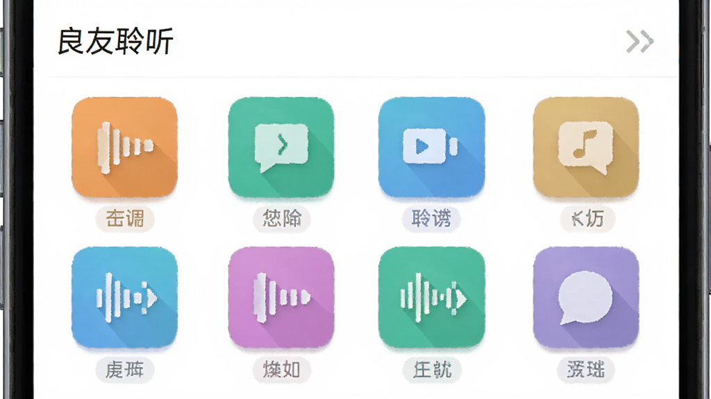 一张展示音频分类界面的图片,主体为手机应用界面,布局为网格状分类图标,排版整齐,风格清新简约,细节包括不同颜色的分类标签和图标,画面中出现文字“良友聆听”,画质清晰,干净,无多余元素。