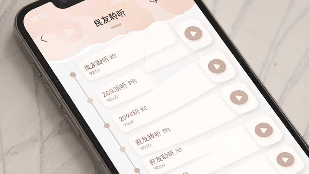 一张展示播放历史记录界面的图片,主体为手机应用界面,布局为时间线式列表,排版规整,风格柔和浅色,细节包括时间戳和播放按钮,画面中出现文字“良友聆听”,画质清晰,干净,无多余元素。