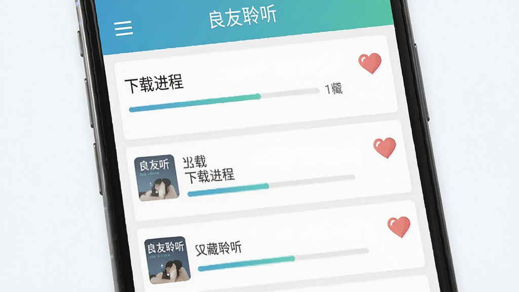 一张展示音频下载与收藏管理界面的图片,主体为手机应用界面,布局为列表式,排版清晰,风格扁平化,细节包括下载进度条和收藏心形图标,画面中出现文字“良友聆听”,画质清晰,干净,无多余元素。