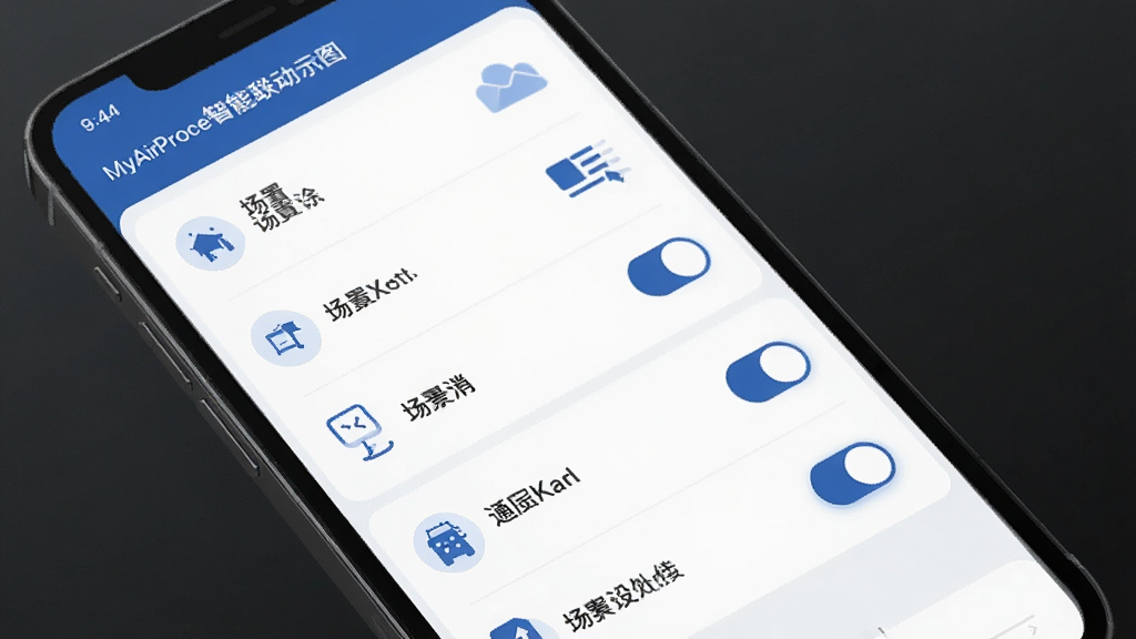 MyAirProce智能场景联动示意图,主体为手机屏幕显示场景设置列表,布局为纵向排列,风格为简约商务风,细节包括图标化的场景名称和开关按钮,画质清晰,干净,无多余元素