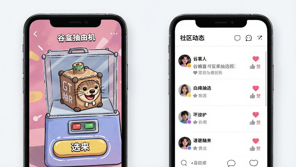 一张展示谷獭社盲盒抽选与社区互动功能的场景图,主体为手机屏幕特写,屏幕内同时呈现盲盒抽盒机界面与社区动态列表,布局为左右分屏或上下分区,排版清晰,风格为年轻潮流插画风,细节包含盲盒盒体、抽选按钮、用户头像、点赞图标,画质高清,画面干净,无多余元素。