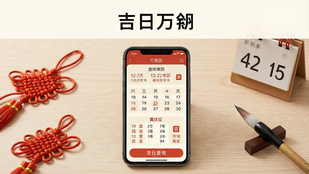主体为一部智能手机,屏幕显示吉日农历万年历应用界面,包含公历日期、农历日期、黄历宜忌列表与吉日查询按钮;布局居中,手机置于浅色木质桌面,周围点缀中国结、小台历与毛笔;排版整洁,上方留白放置应用名称;风格为新中式简约风,色调以米白、朱红、墨黑为主;细节包括日历数字清晰、宜忌文字可辨、图标精致;画质高清,干净,无多余元素