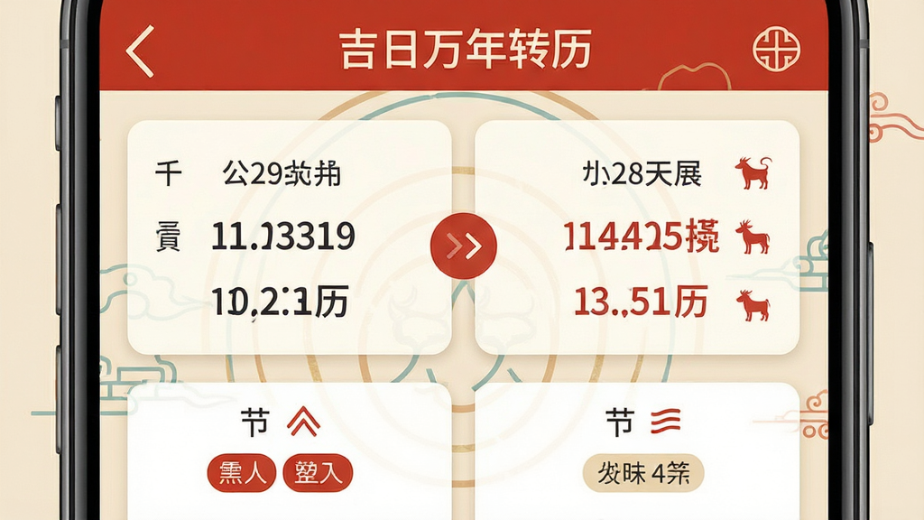 主体为手机屏幕特写,显示吉日农历万年历的公农历转换界面,左侧公历日期与右侧农历日期并列展示,中间有转换箭头图标;布局为上下结构,上方标题栏,下方转换结果卡片;排版清晰,卡片式设计;风格为现代扁平化与中国风结合,色调为浅米色背景配朱红点缀;细节包括干支文字、生肖小图标、节气标签;画质高清,干净,无多余元素
