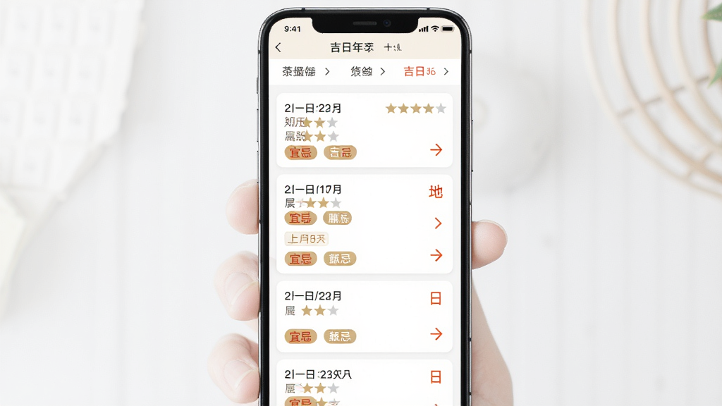 主体为手机屏幕展示吉日农历万年历的吉日查询结果页,列表形式呈现多个日期卡片,每张卡片包含日期、农历、宜忌标签与吉日等级;布局为纵向列表,顶部有筛选条件栏;排版整齐,卡片间距均匀;风格为清爽简约风,色调为白底配浅金与朱红;细节包括星级标识、小标签、箭头指引;画质高清,干净,无多余元素