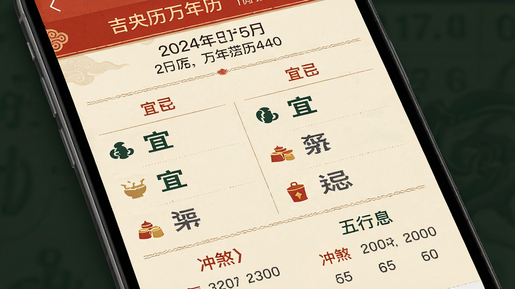 主体为手机应用详情页截图风格画面,展示吉日农历万年历的黄历宜忌界面,上方为日期与农历信息,中部为宜忌两列清单,下方为冲煞与五行信息;布局为纵向滚动式排版,信息分区明确;风格为传统黄历与现代UI融合,色调为米黄底、朱红标题、墨绿宜字、深灰忌字;细节包括小图标点缀、分割线细腻;画质高清,干净,无多余元素