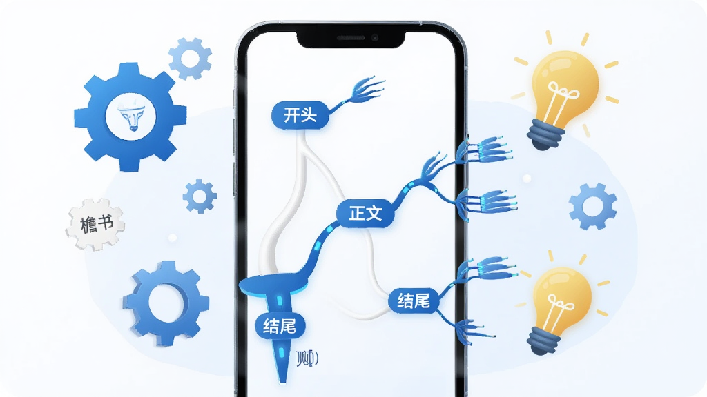 画面展示一个手机屏幕,屏幕内显示着文章结构思维导图,树枝状的分支上标注着“开头”、“正文”、“结尾”等字样。手机周围漂浮着齿轮和灯泡图标,象征智能与灵感。风格为现代科技感插画,色彩以蓝白为主,画质清晰,带有“檐书”字样,干净无杂乱元素。