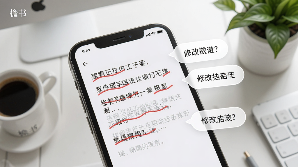 画面特写一部智能手机,屏幕上显示一段文字,其中有几处被红色波浪线标注,旁边弹出修改建议气泡。背景是干净的书桌,有咖啡杯和绿植。风格为写实风格,光线柔和,画质细腻,带有“檐书”字样,画面简洁。